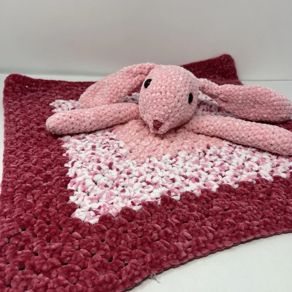 Handmade Crochet Bunny Lovey 20in Pink Security Blanket Plush Soft Toy